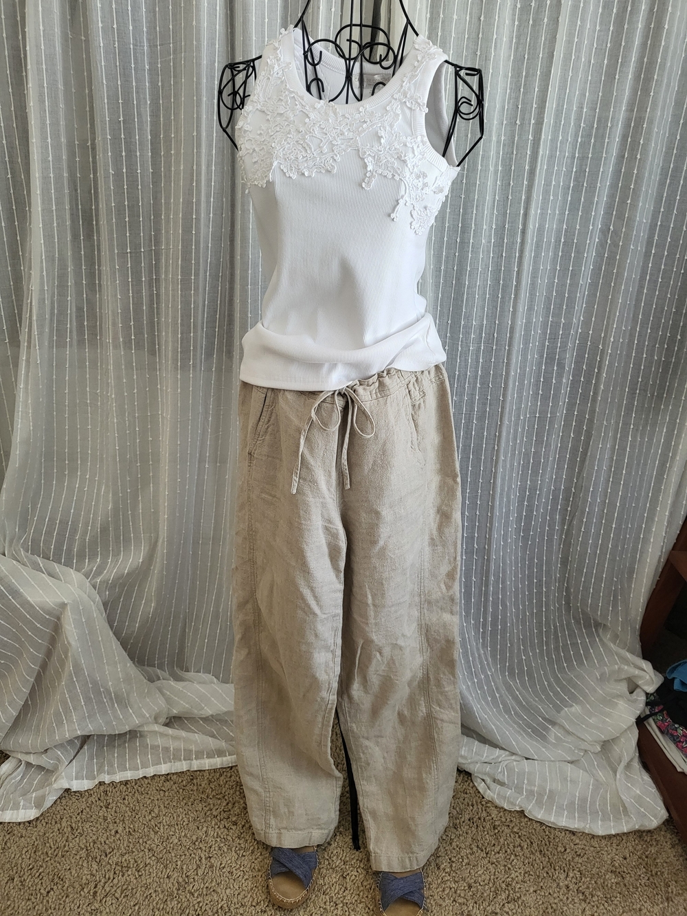 Women's Beige Linen Drawstring Wide-Leg Pants, White Tank, Blue Wedge Espadrills